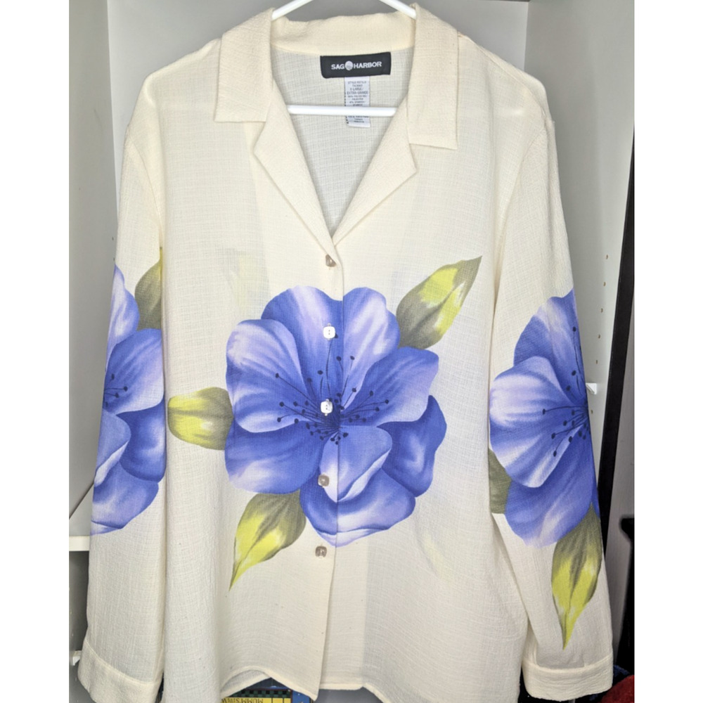 Sag Harbor Women's Top XL Purple Flower Long Sleeve Light Weight Polyester